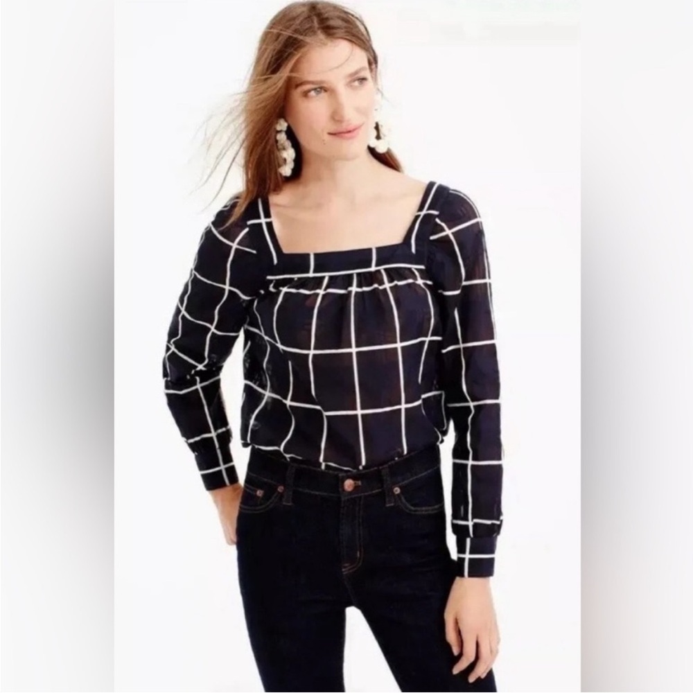 J.‎ Crew Penny windowpane Stylish Blue White Plaid Square Neck peasant Top 16